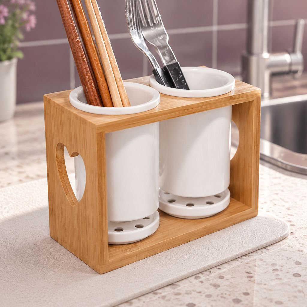 天然竹と陶磁器の箸立て キッチン用カトラリー収納スタンド