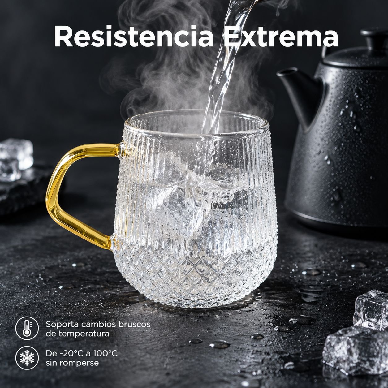 Vaso de vidrio de borosilicato de alta calidad con asa y rayas verticales