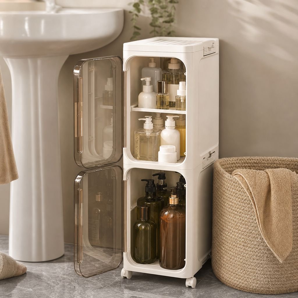 Portable bathroom cabinet with folding design