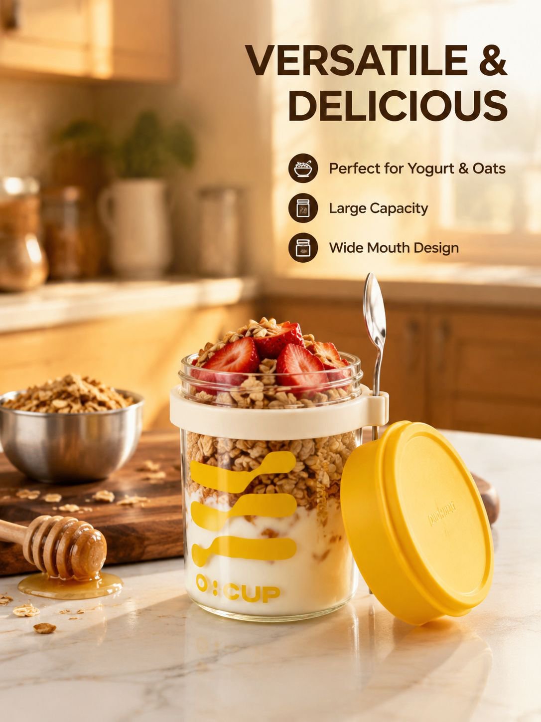 Breakfast cup, oatmeal cup, airtight glass jar with lid and spoon, portable milkshake, yogurt, grano