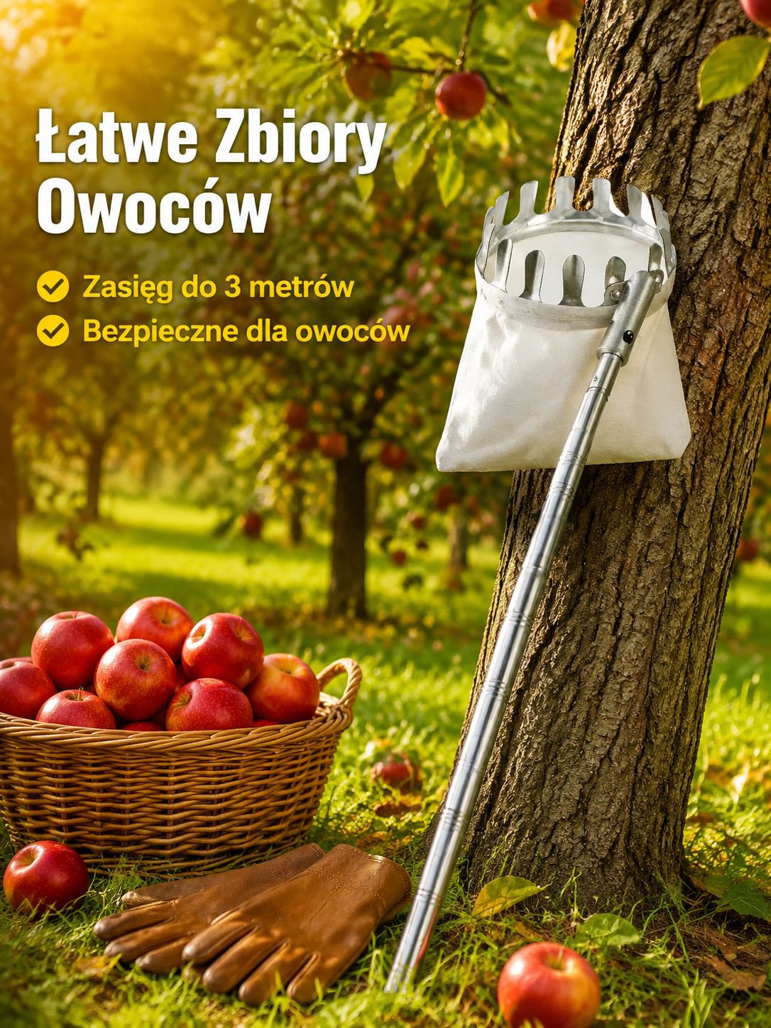 Regulowany Teleskopowy Zbieracz Owoców do Sadu Lekki