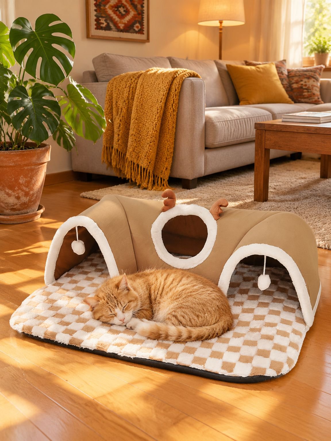Cueva para mascotas con túnel y cama integrada para gatos