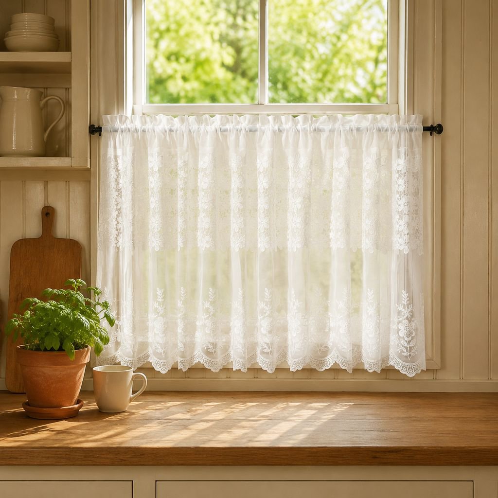 Embroidered Lace Floral Edge Coffee Short Half Curtain