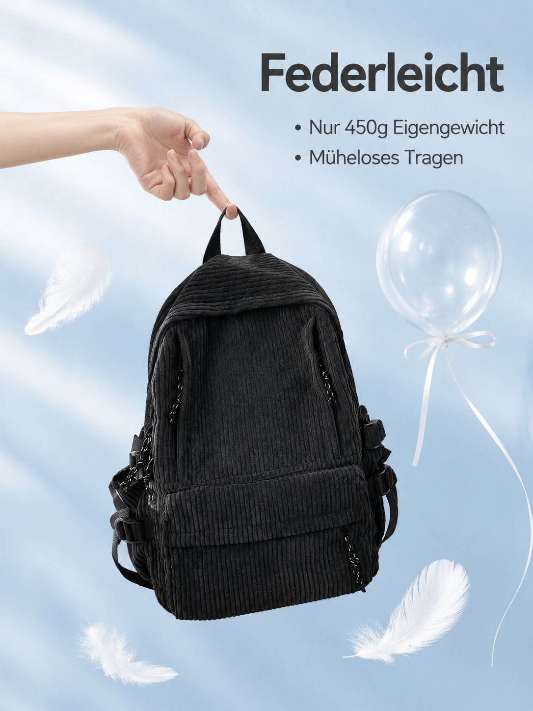 Leichter Cord-Rucksack im Preppy-Style mit großem Fassungsvermögen