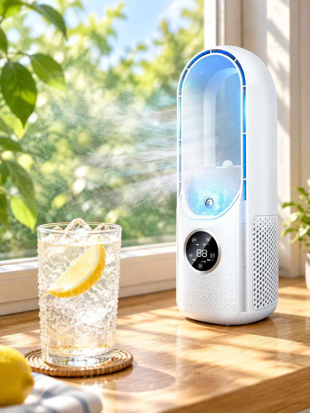 Kalter Desktop-Ventilator mit Sprühfunktion und modernem Design