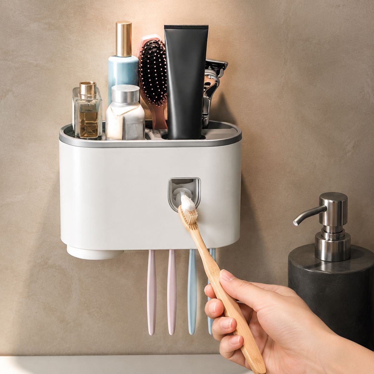 Magnetic mouthwash cup hanging on storage rack