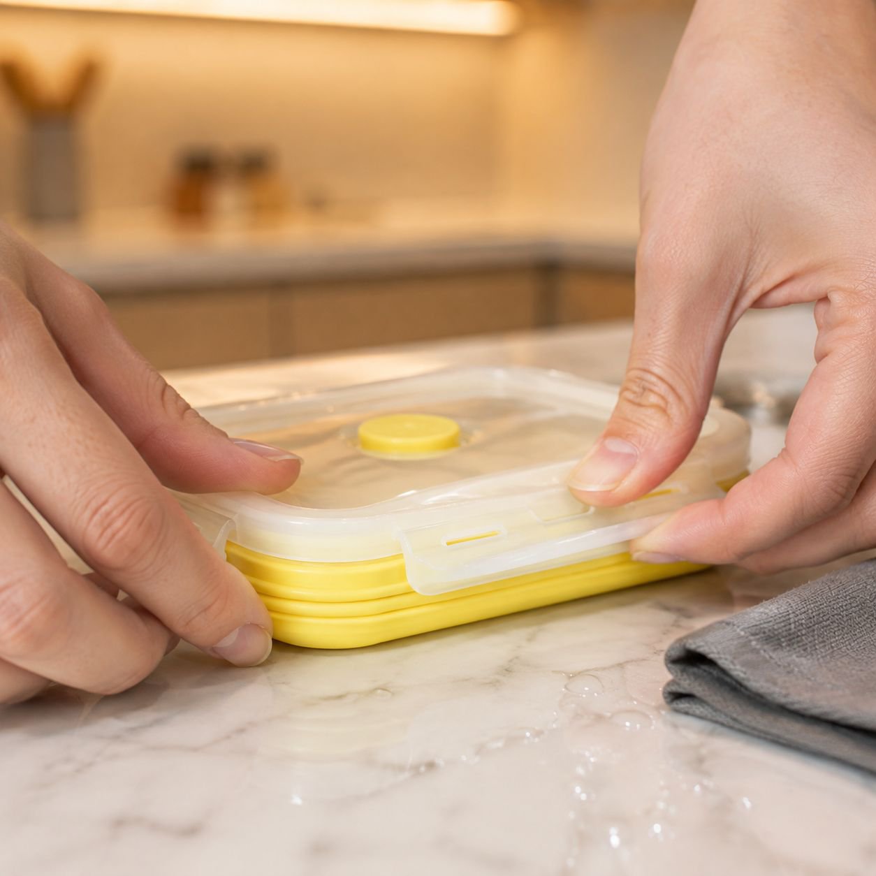 Collapsible silicone lunch box in blue with sealed lid