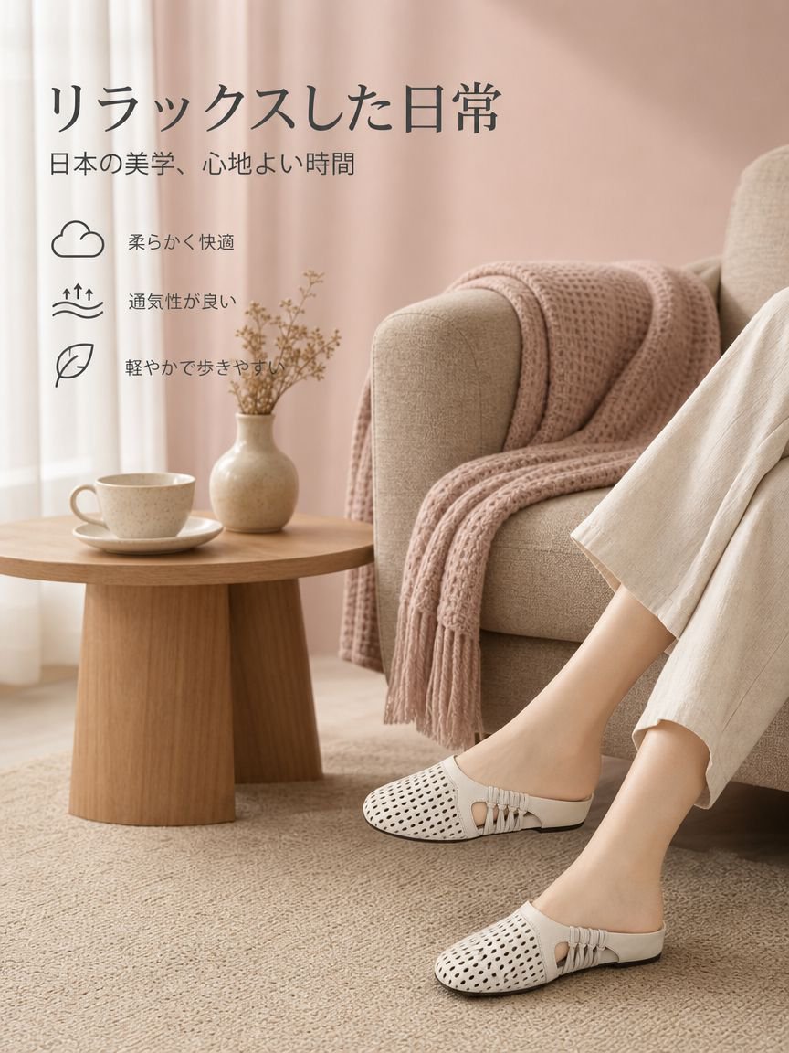 編みメッシュデザインのレディースミュールサンダル正面画像