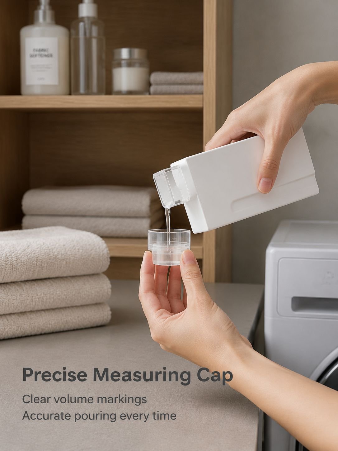 Reusable detergent container on laundry shelf