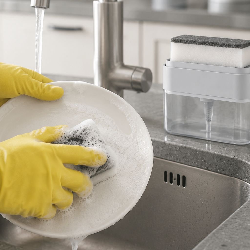 Durable plastic push soap dispenser for kitchens