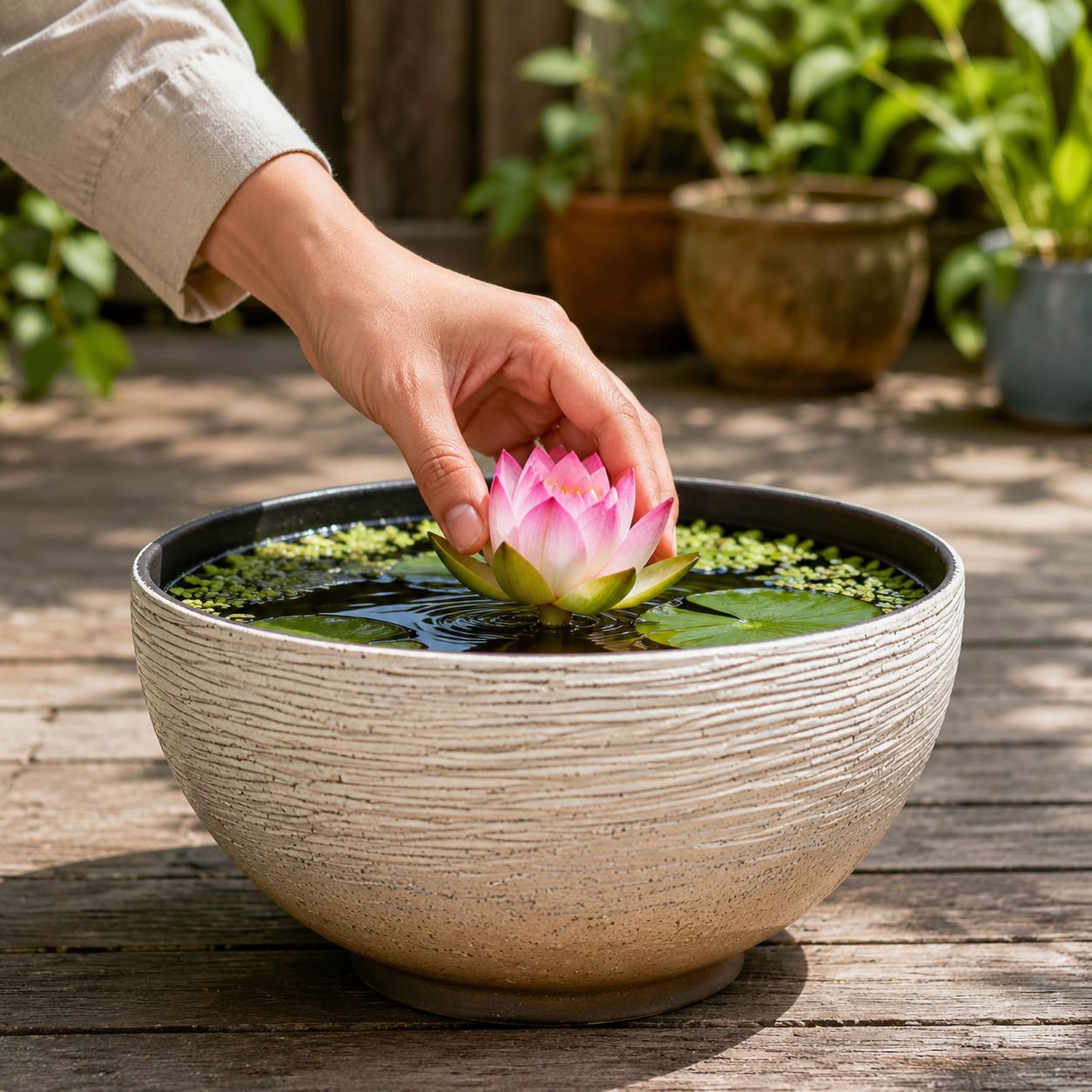 Handcrafted ancient design lotus fish tank for patio