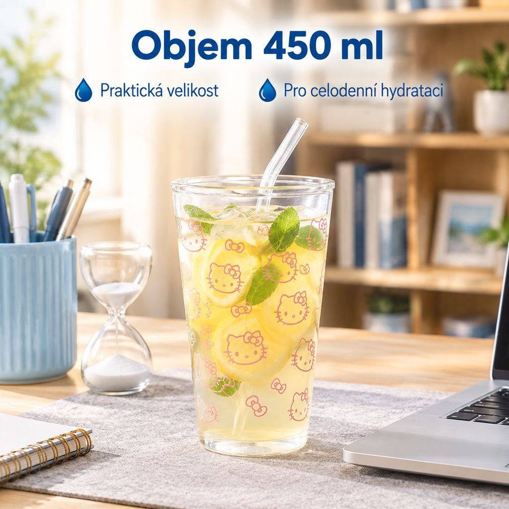 Skleněný pohár s brčkem KT kočka, velkokapacitní domácí hrnek na pití