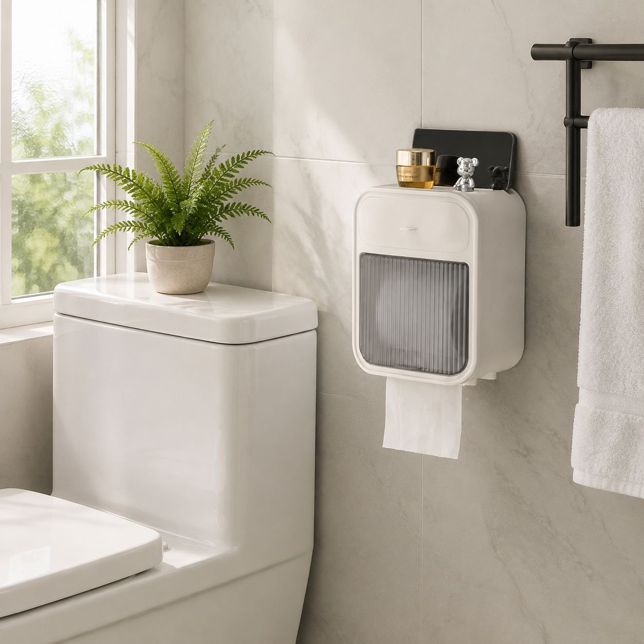 Waterproof Bathroom Tissue Box, No-Drill Wall Mounted Toilet Paper Holder