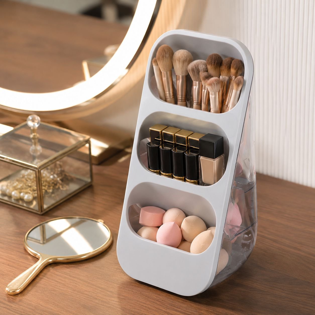 Three-tier compartment organizer for workspace