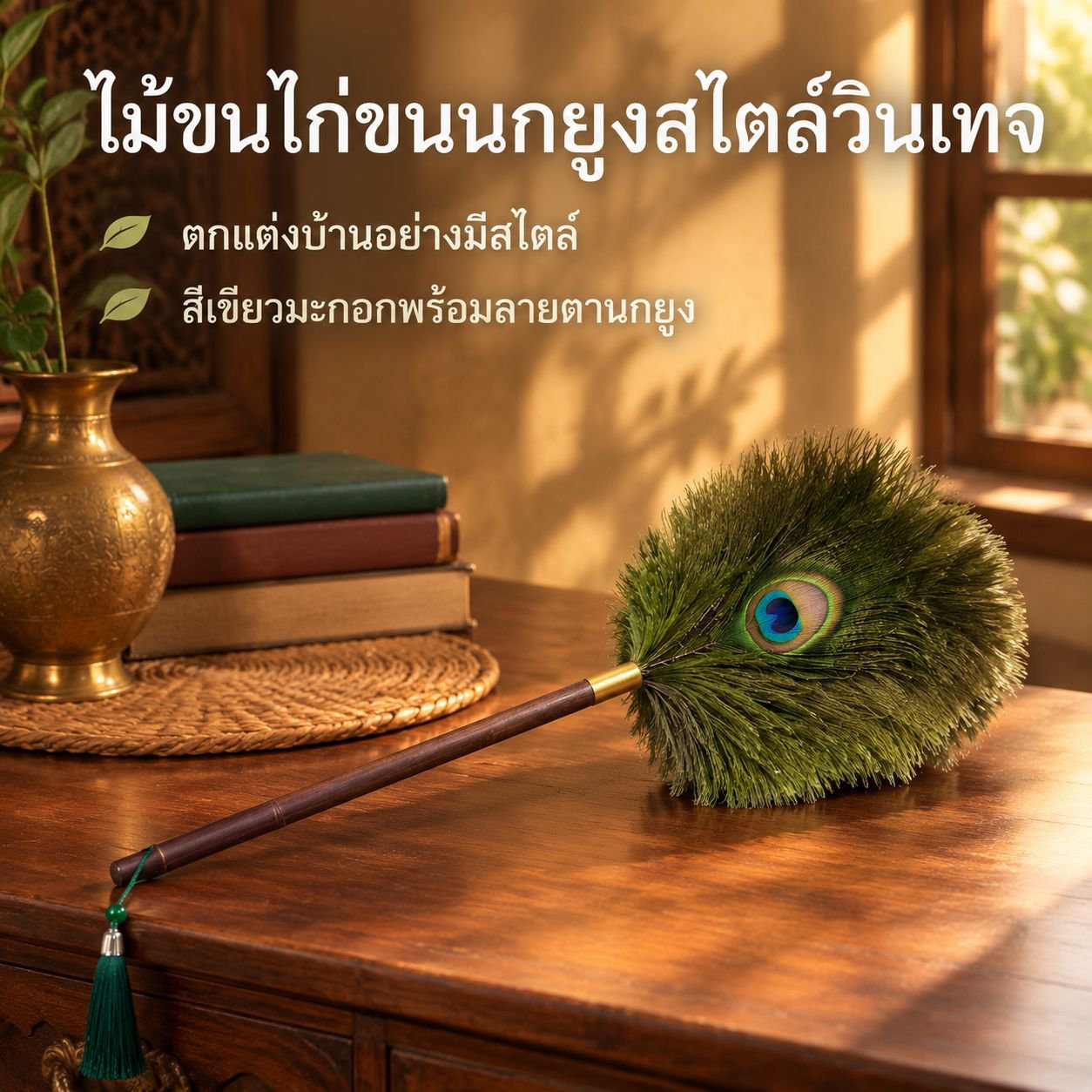 ไม้ปัดฝุ่นขนหางนกยูงสไตล์วินเทจ (มีคุณสมบัติป้องกันไฟฟ้าสถิต)