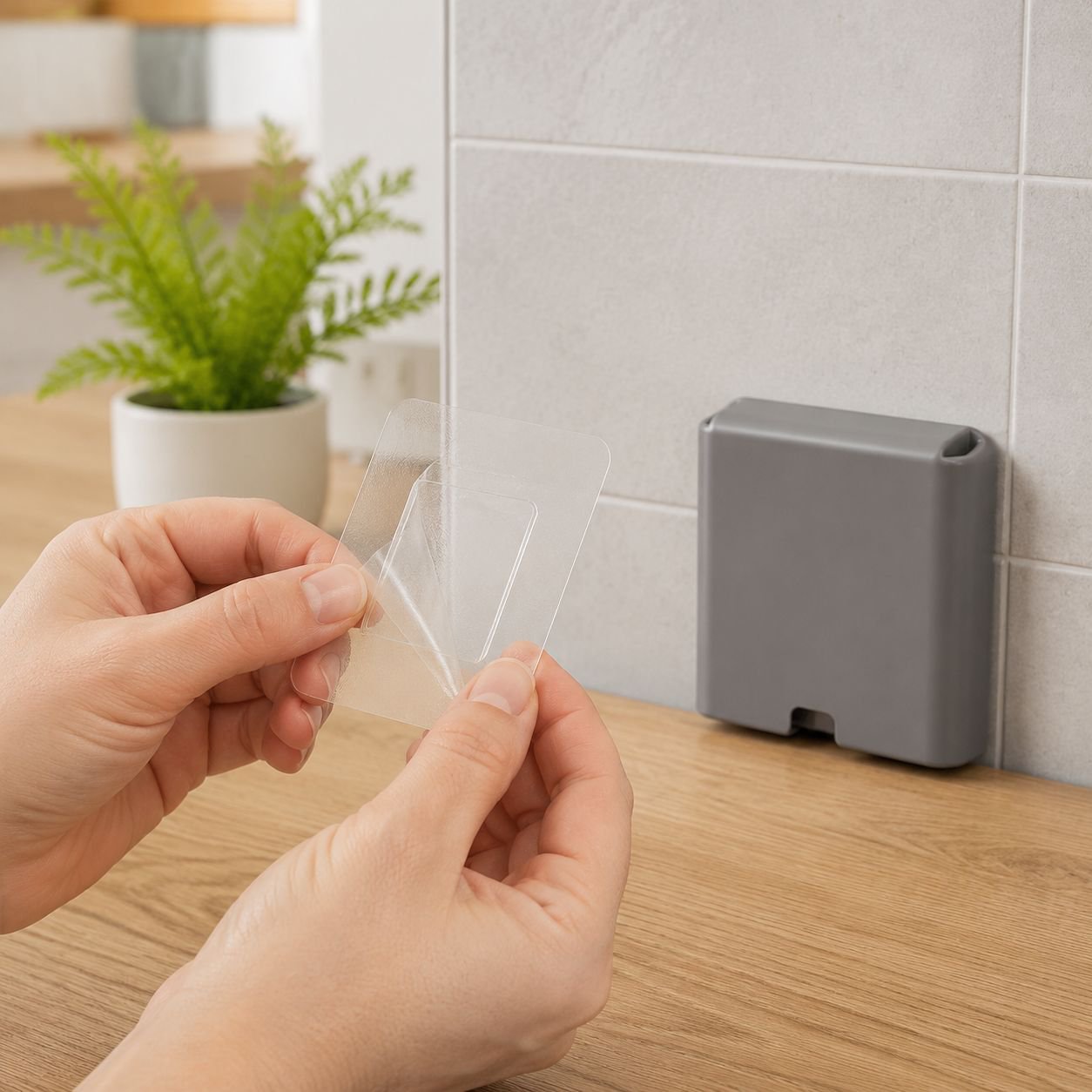 Bathroom wall with socket organizer shelf holding power strip