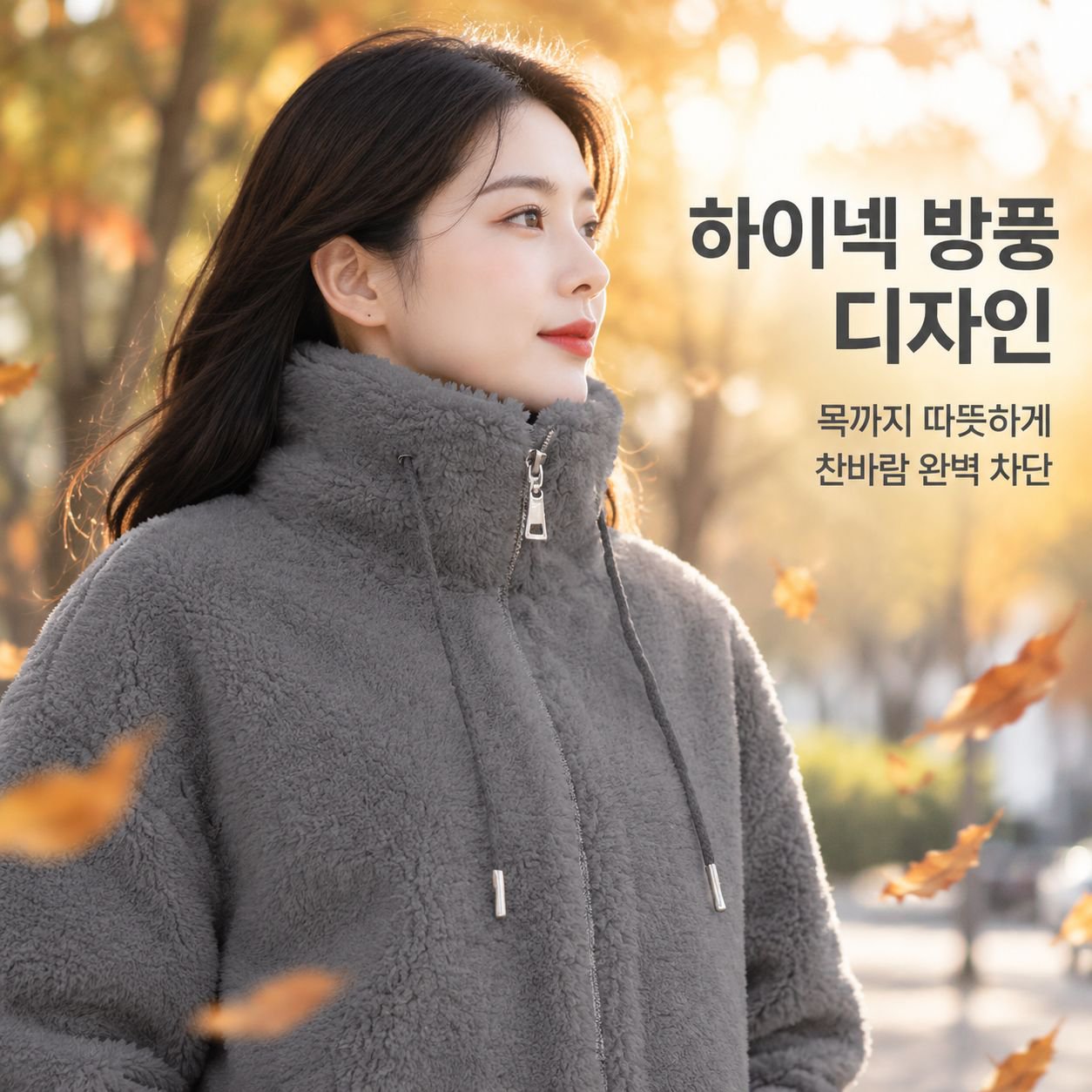 양면 플리스 및 도톰한 안감 적용 여성용 보온 스탠드 칼라 재킷