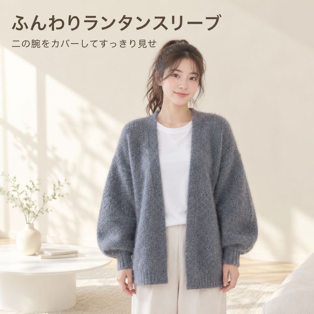 パフスリーブ無地ゆったりニットカーディガン レディース 秋冬新作