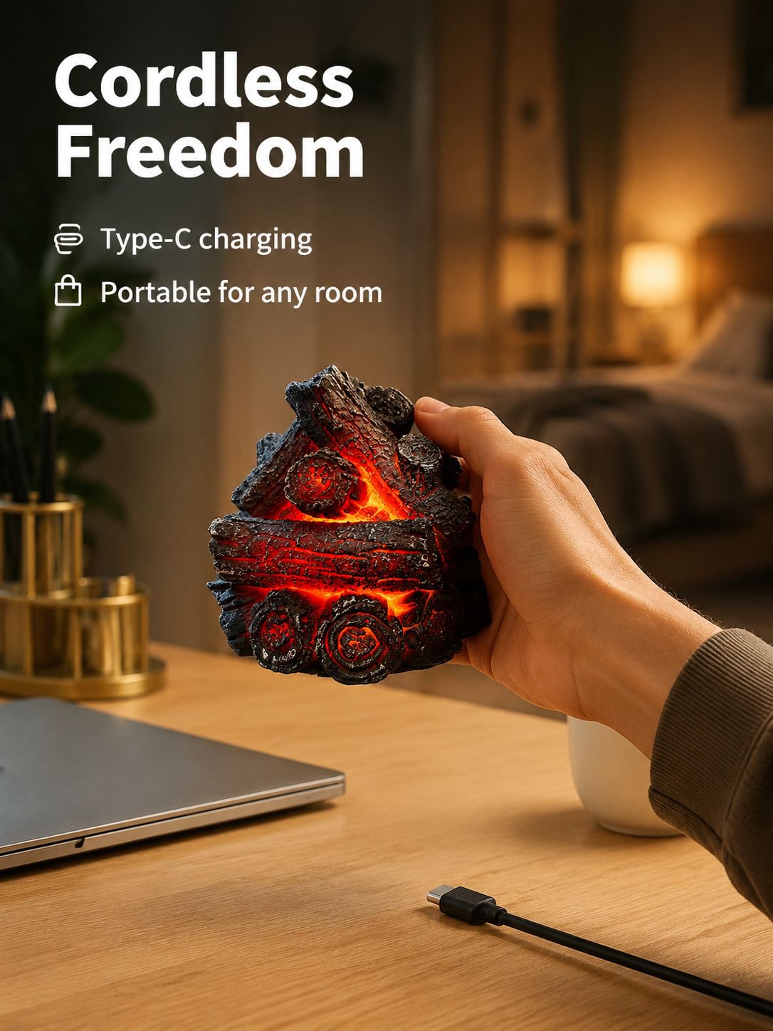 Resin charcoal lamp with LED light enhancing bedroom ambiance