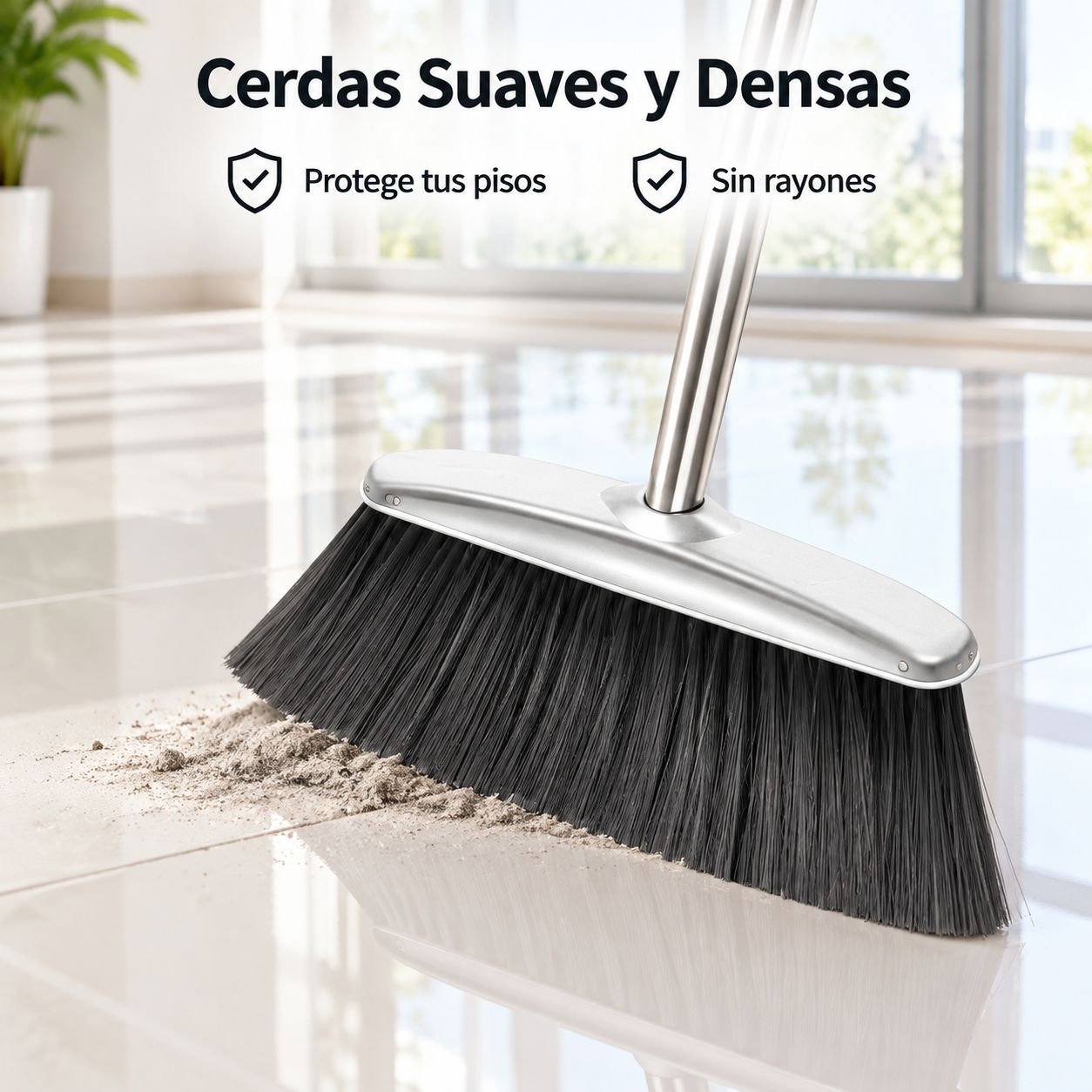 Juego de recogedor y escoba de acero inoxidable con cerdas suaves