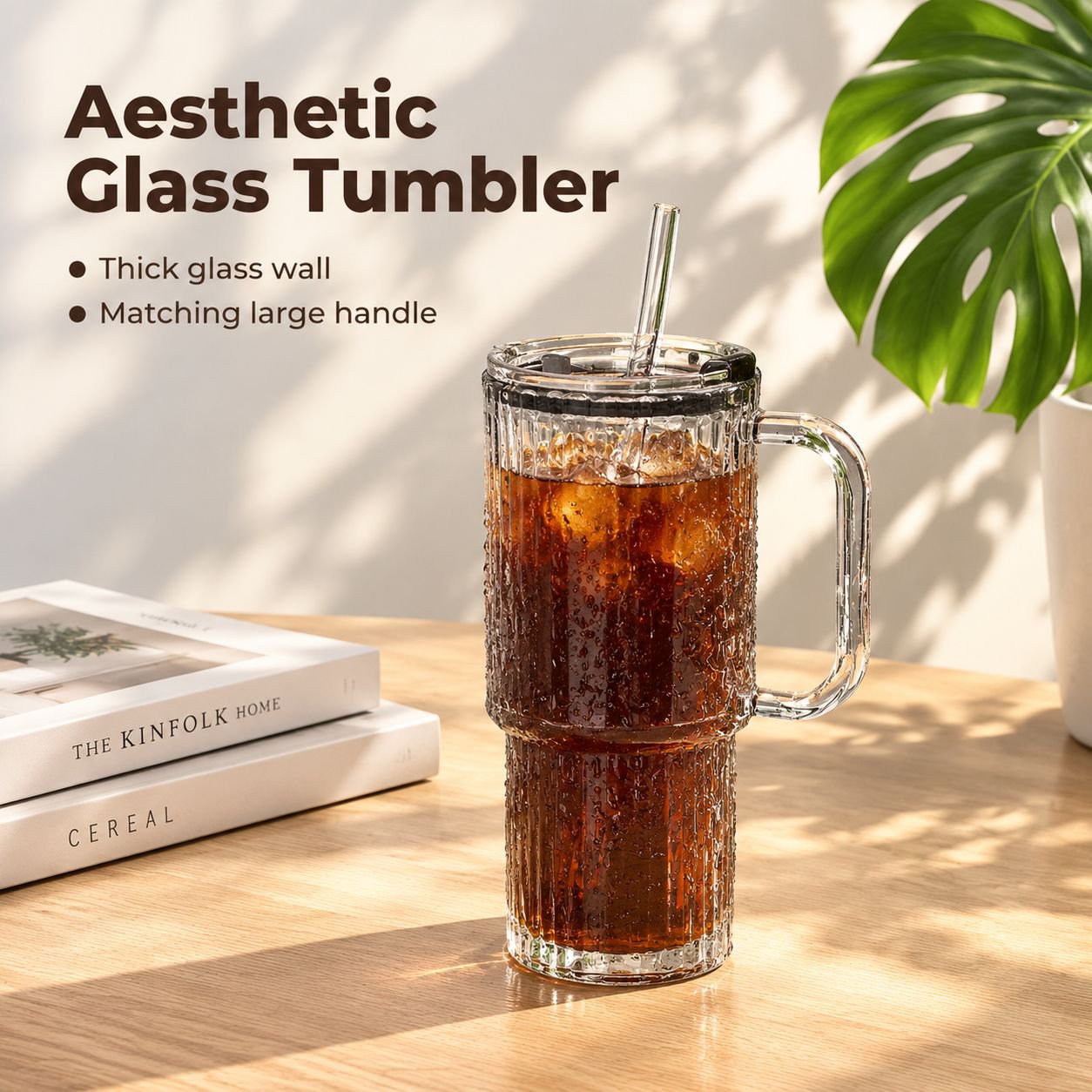 Portable Large Glass Cup with Straw and Handle