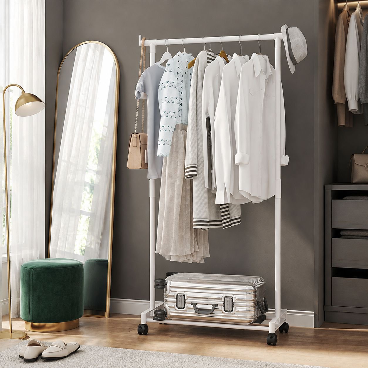 Durable multi-purpose storage rack for bedroom or entryway