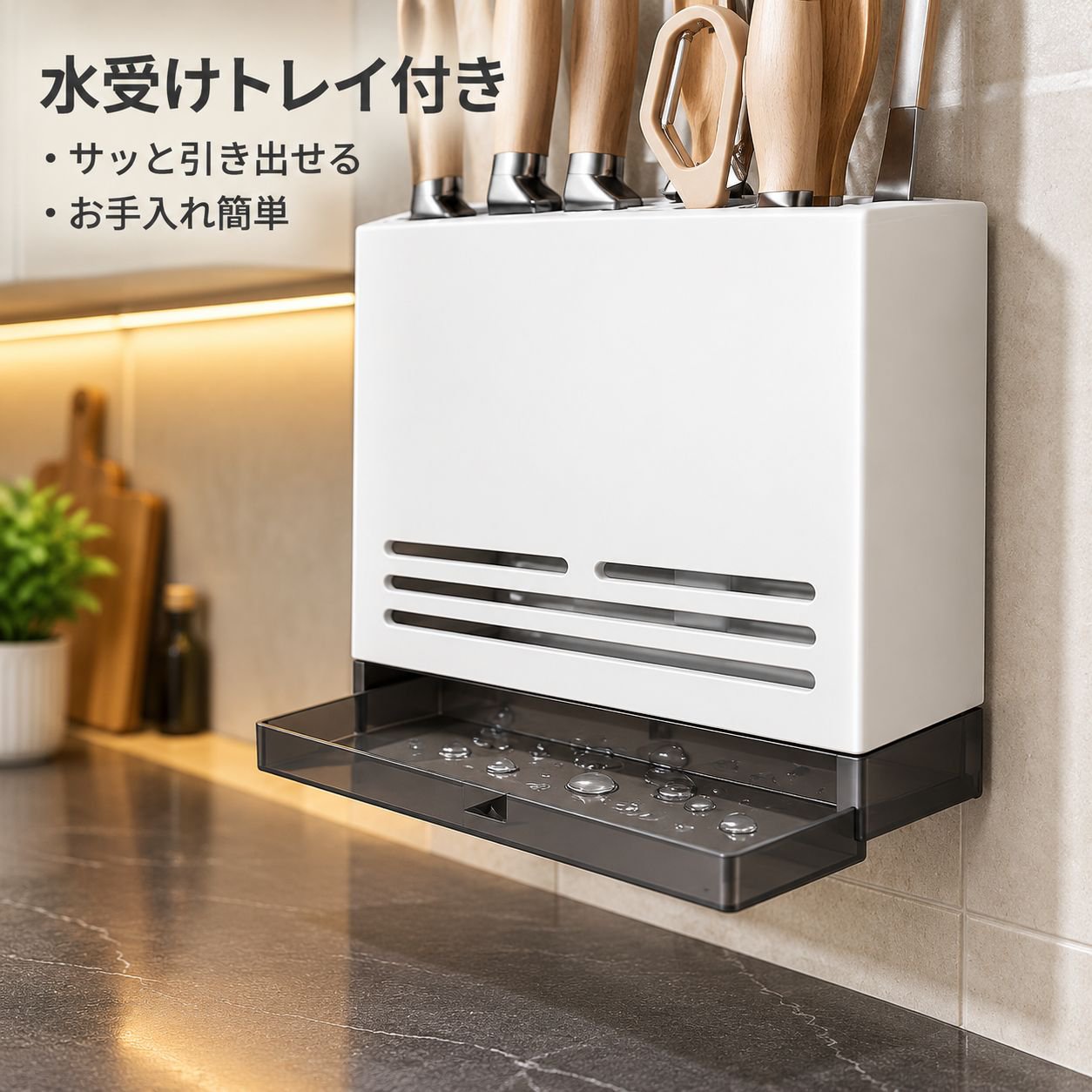 穴あけ不要の壁掛け式包丁・箸ラック