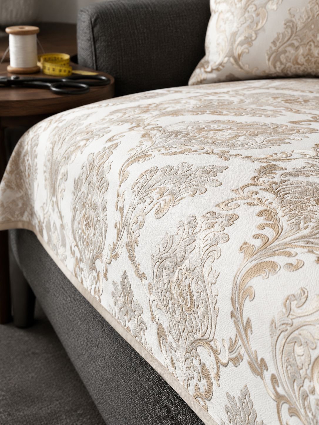 Detailaufnahme des eleganten Sofakissens mit feiner Naht