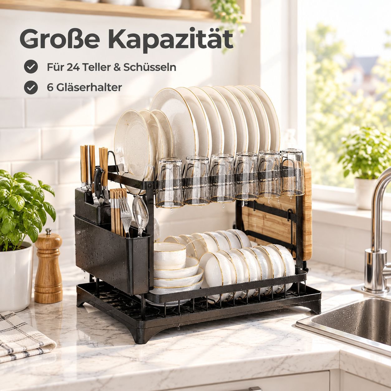 Multifunktionales Geschirrabtropfgestell Kompakter Küchen-Organizer Geschirr