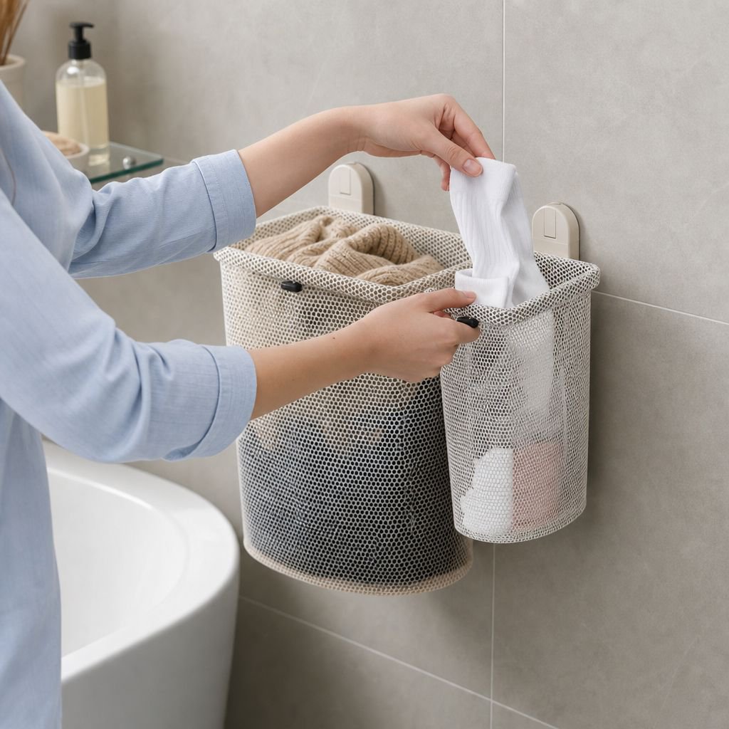 Double Suction Cup Wall-Mounted Foldable Breathable Laundry Basket, Suitable for Bathroom