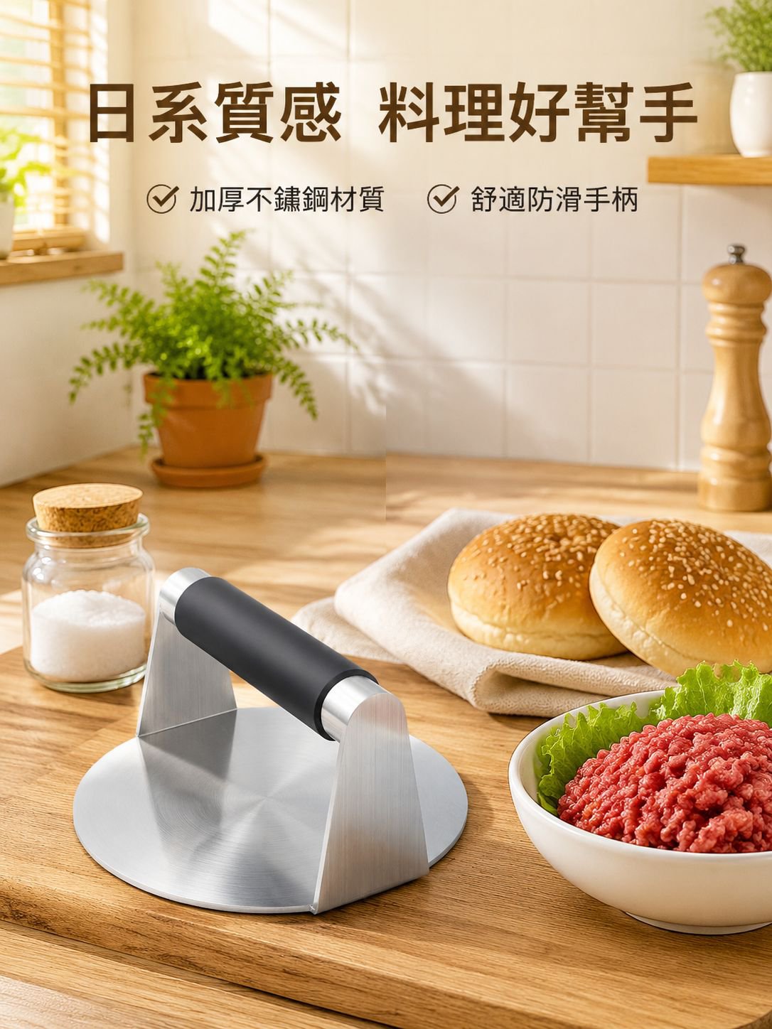 不銹鋼圓形漢堡壓肉器手動矽膠柄壓餅器
