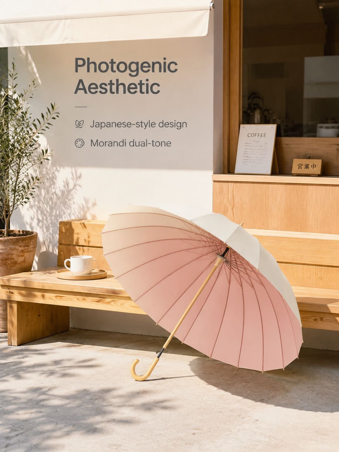 Long umbrella shown with its curved handle