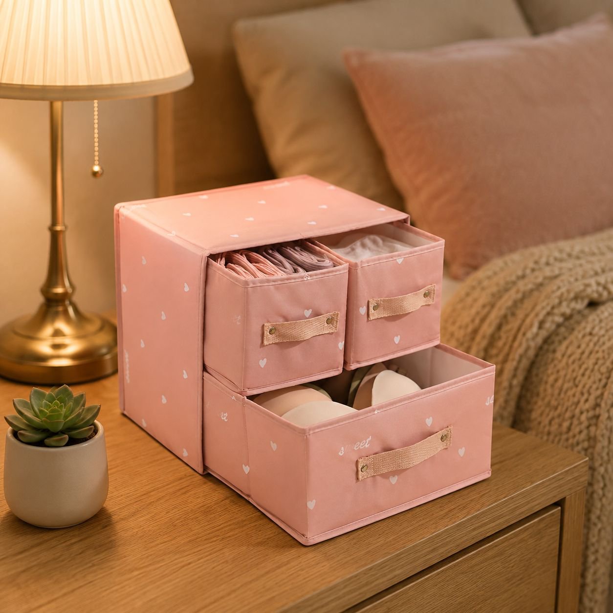 Neatly arranged closet with fabric storage boxes
