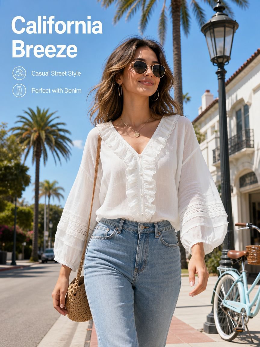 Loose Fit Versatile White V-neck Ruffled Shirt, New Summer Style