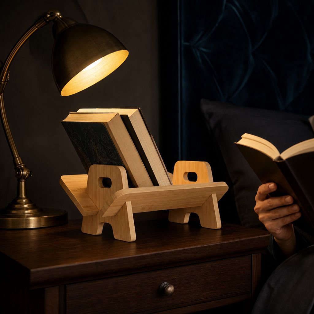 Wooden bookshelf organizer keeping workspace tidy