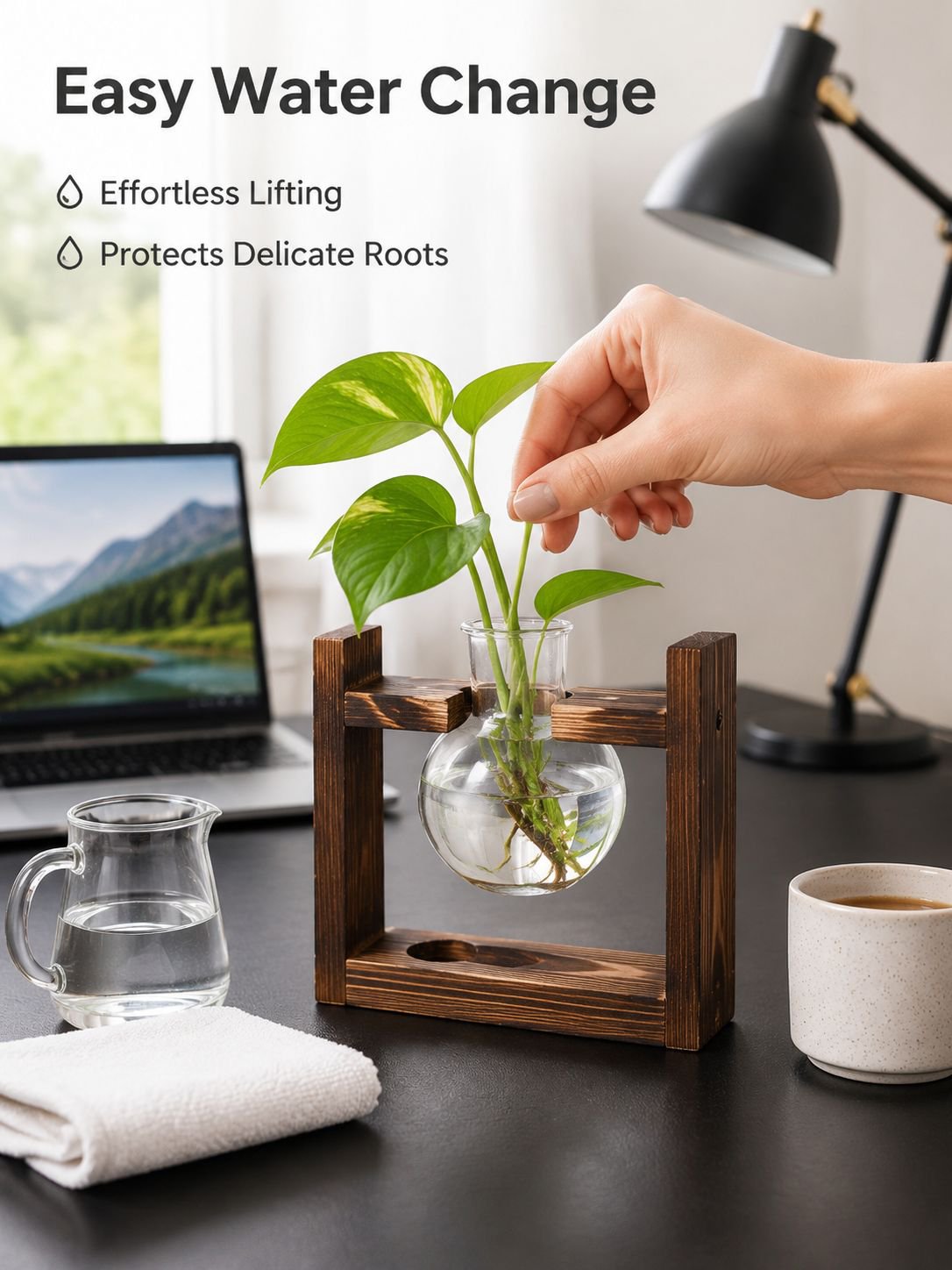 Glass Bottle Hydroponic Greenery Wooden Stand Ornament