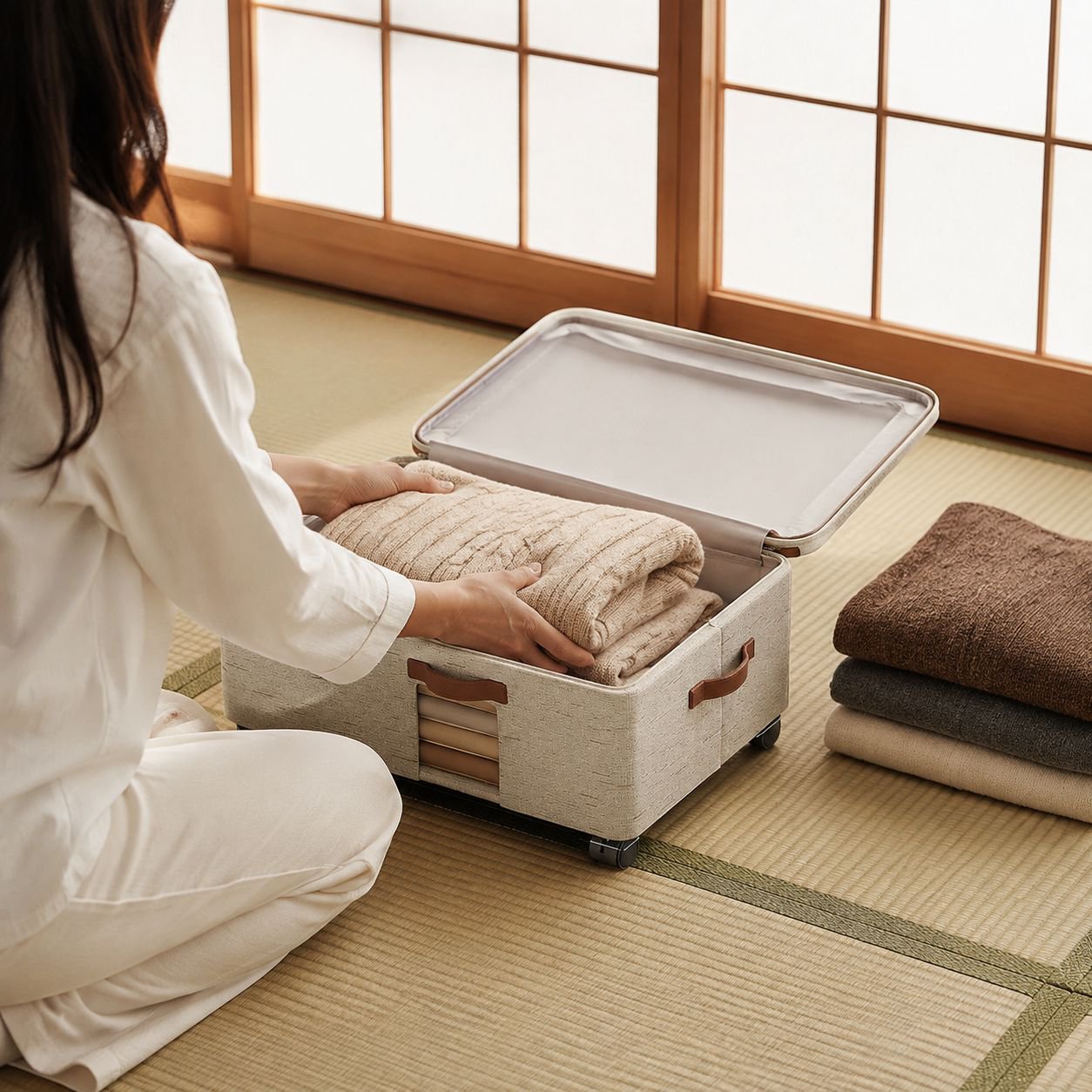 蓋付きでホコリを防ぐベッド下収納