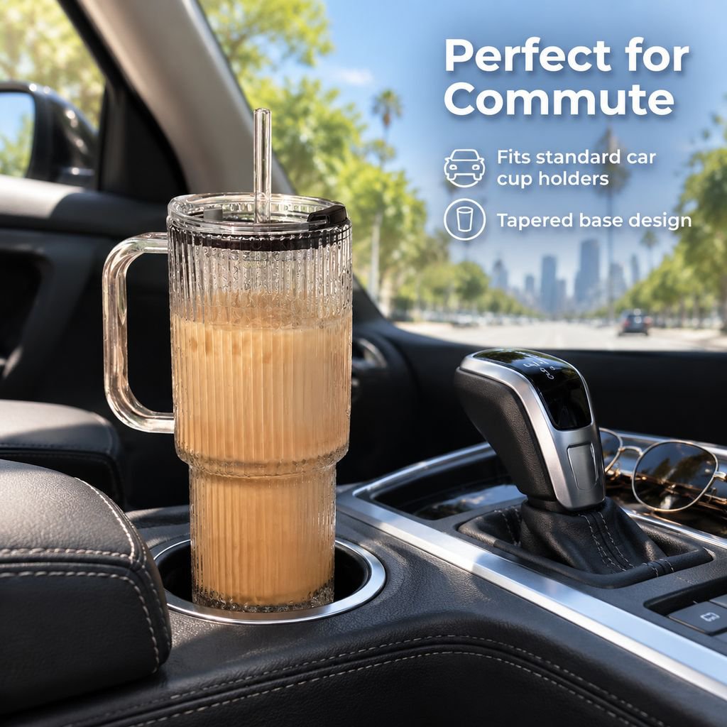 Portable Large Glass Cup with Straw and Handle