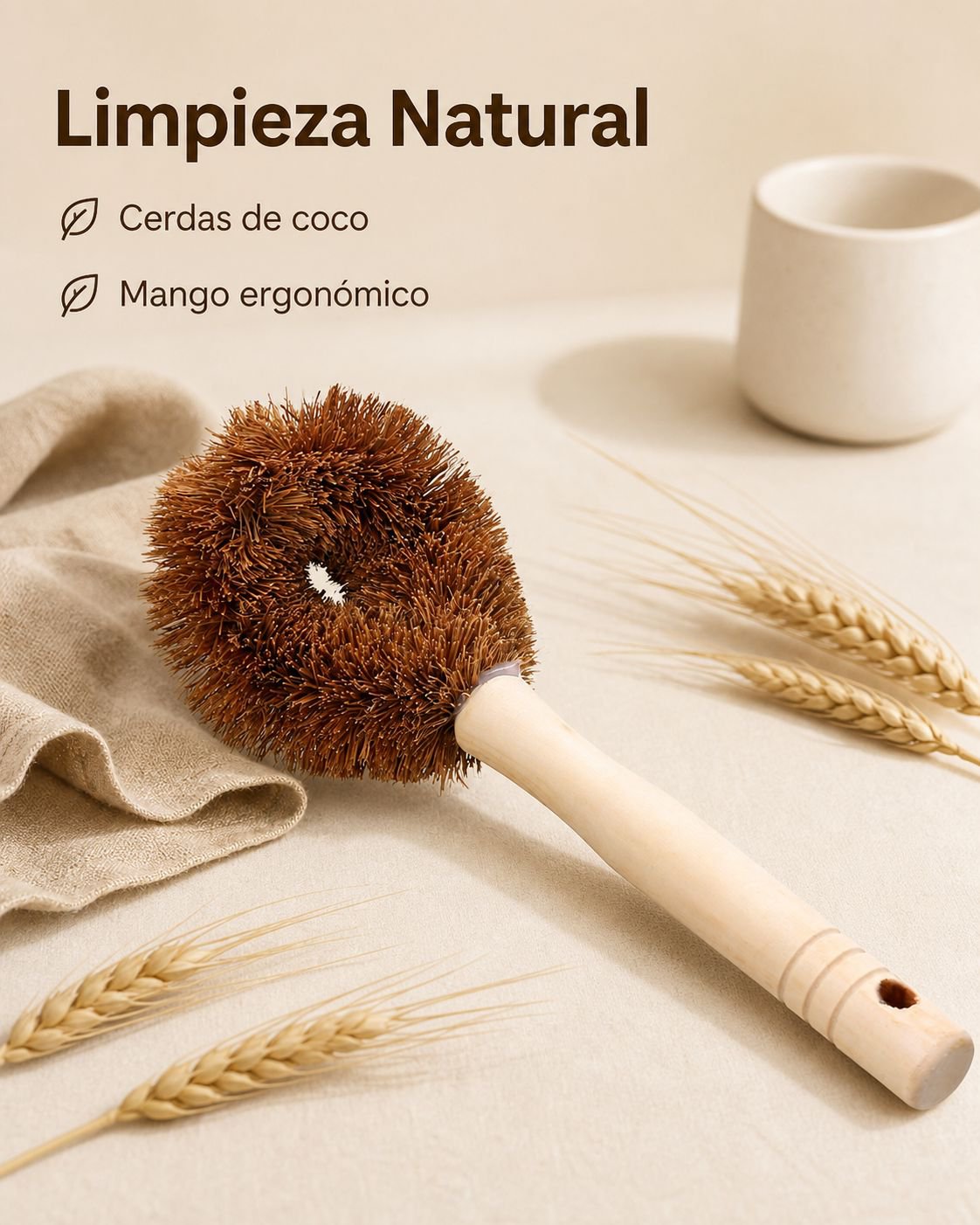 Cepillo para lavar ollas de mango largo de fibra de coco natural