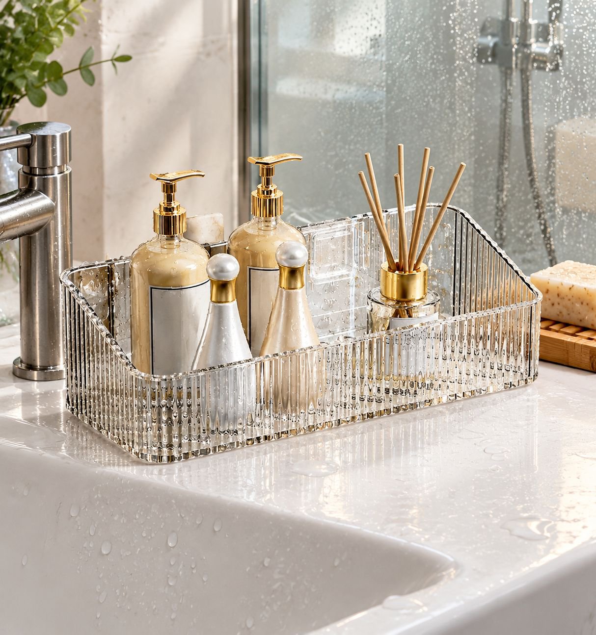 Caja organizadora multifuncional transparente para baño