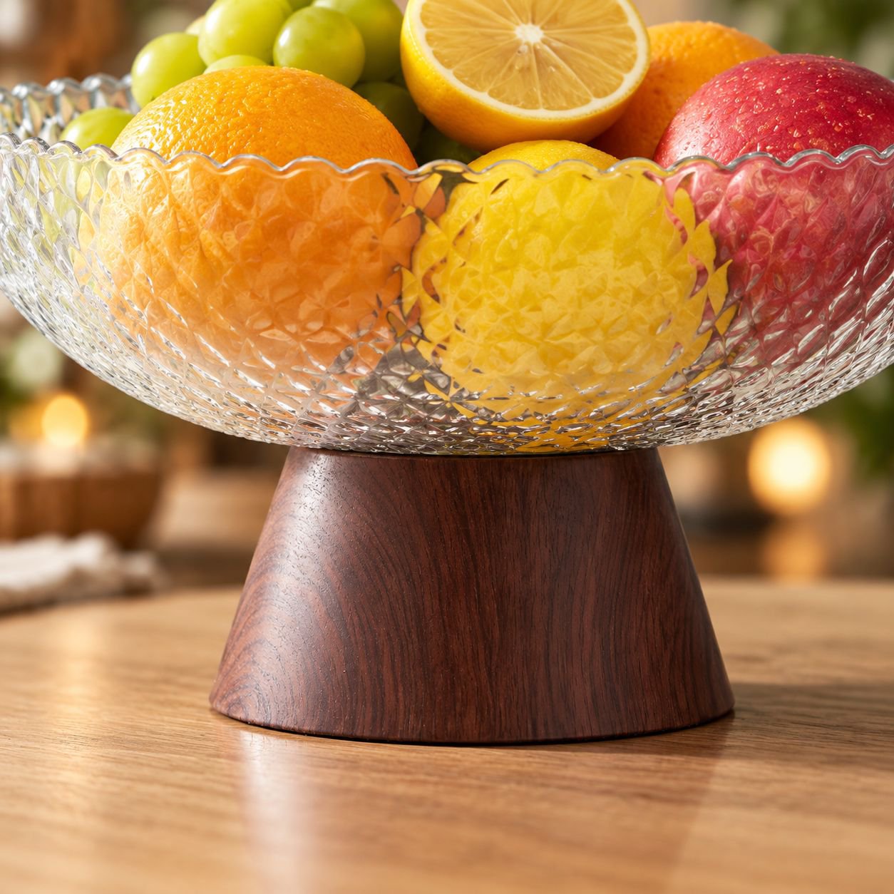 Close-up of luxury wooden pattern fruit dish for home decor