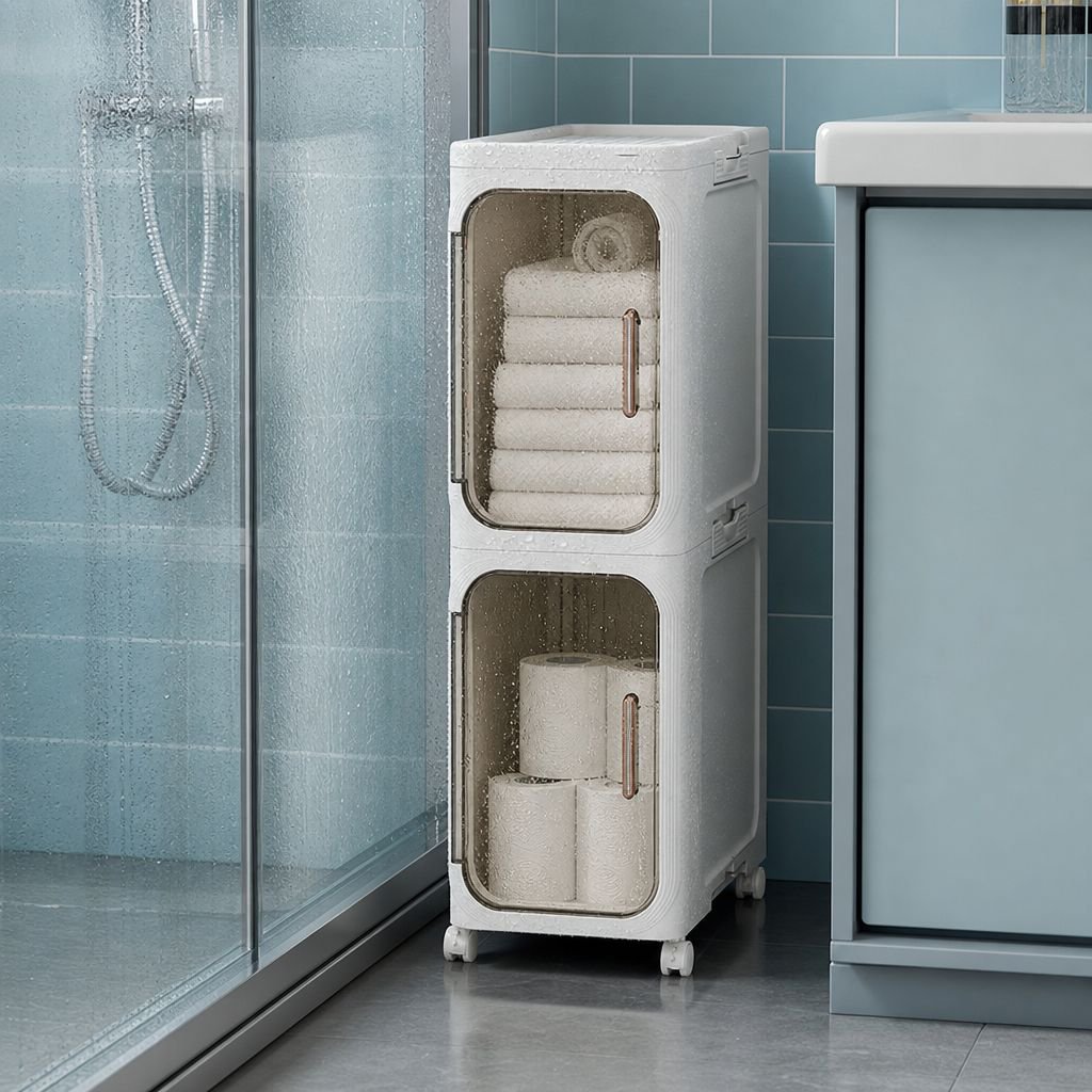 Compact storage cabinet in modern bathroom