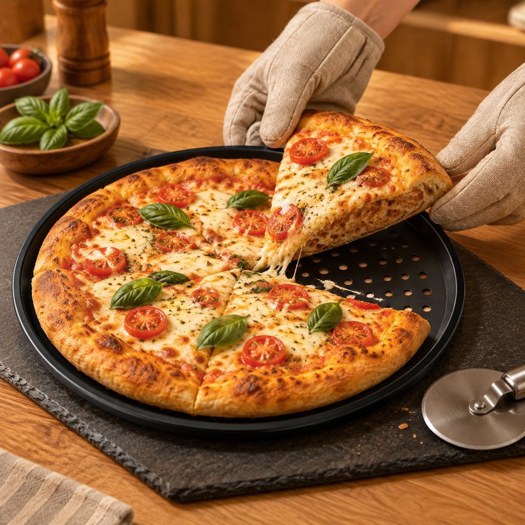 丸型で焦げ付きにくい厚手のピザパン。家庭用および業務用ベーキングに適しています。