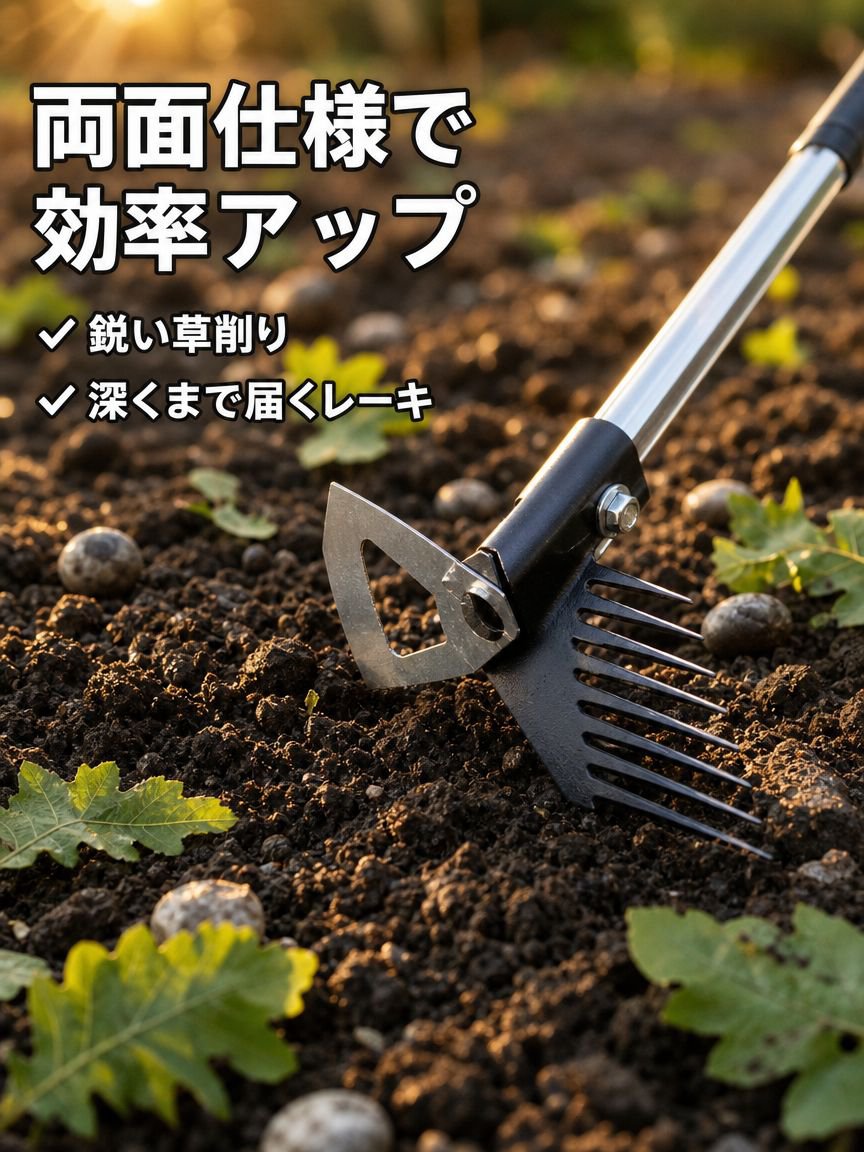 土をほぐしたり、雑草を取り除いたり、ガーデニングをするための、両面使える万能鍬、除草熊手、家庭用園芸道具。