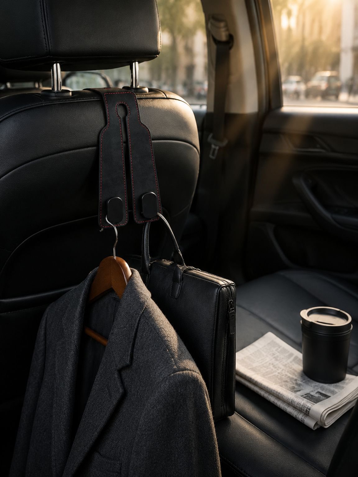 Car interior organizer hook saving space on back seat area