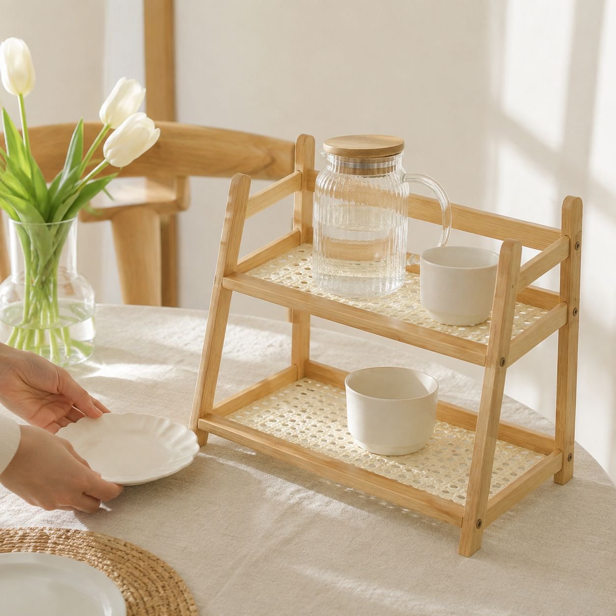 Haushalt Mehrschichtiges kleines Bücherregal aus Kunststoff-Rattan, cremefarbenes Küchenregal