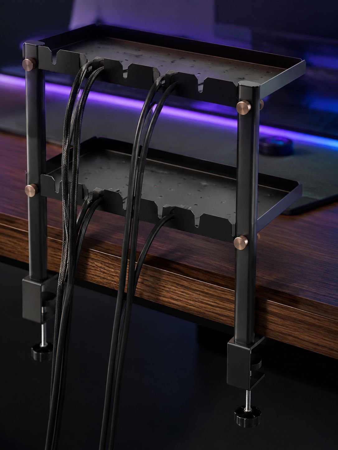 No-drill desk storage rack with foldable tray and pegboard