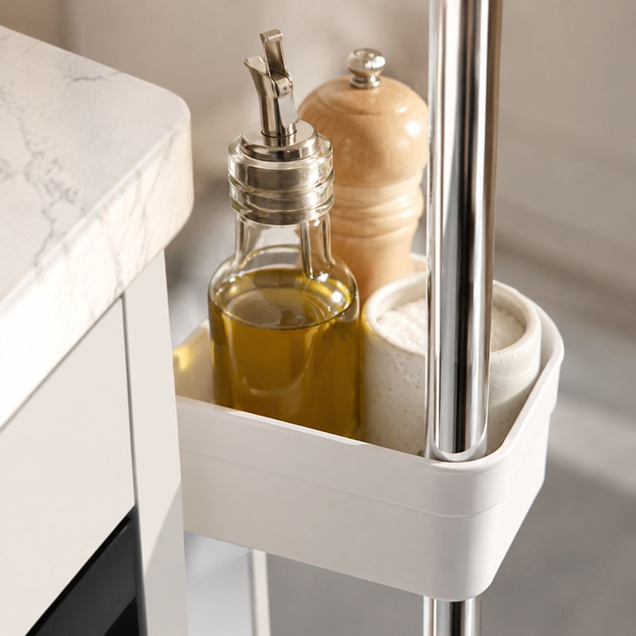 Multi-tier shelf organizing office supplies