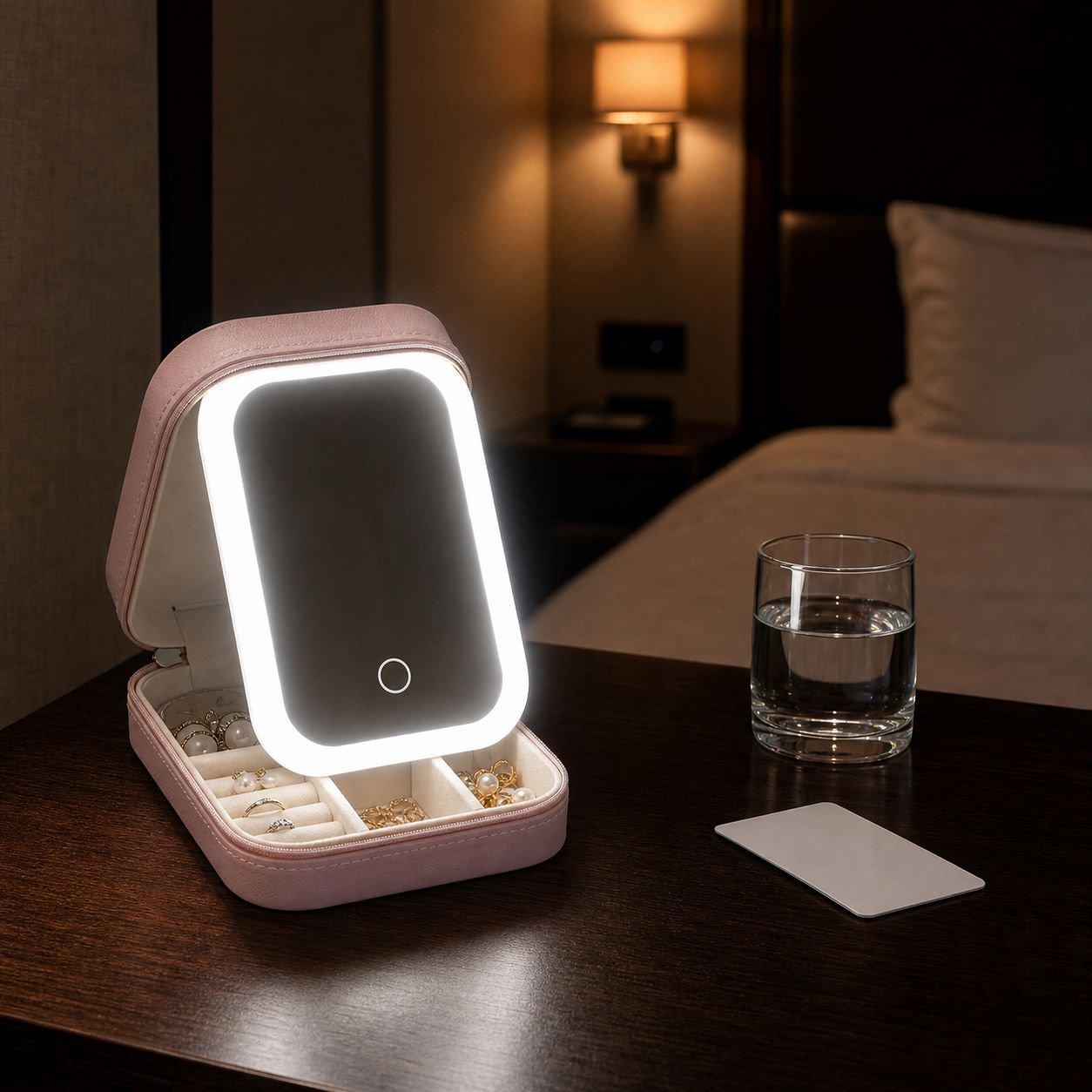 Travel-friendly LED mirror makeup organizer