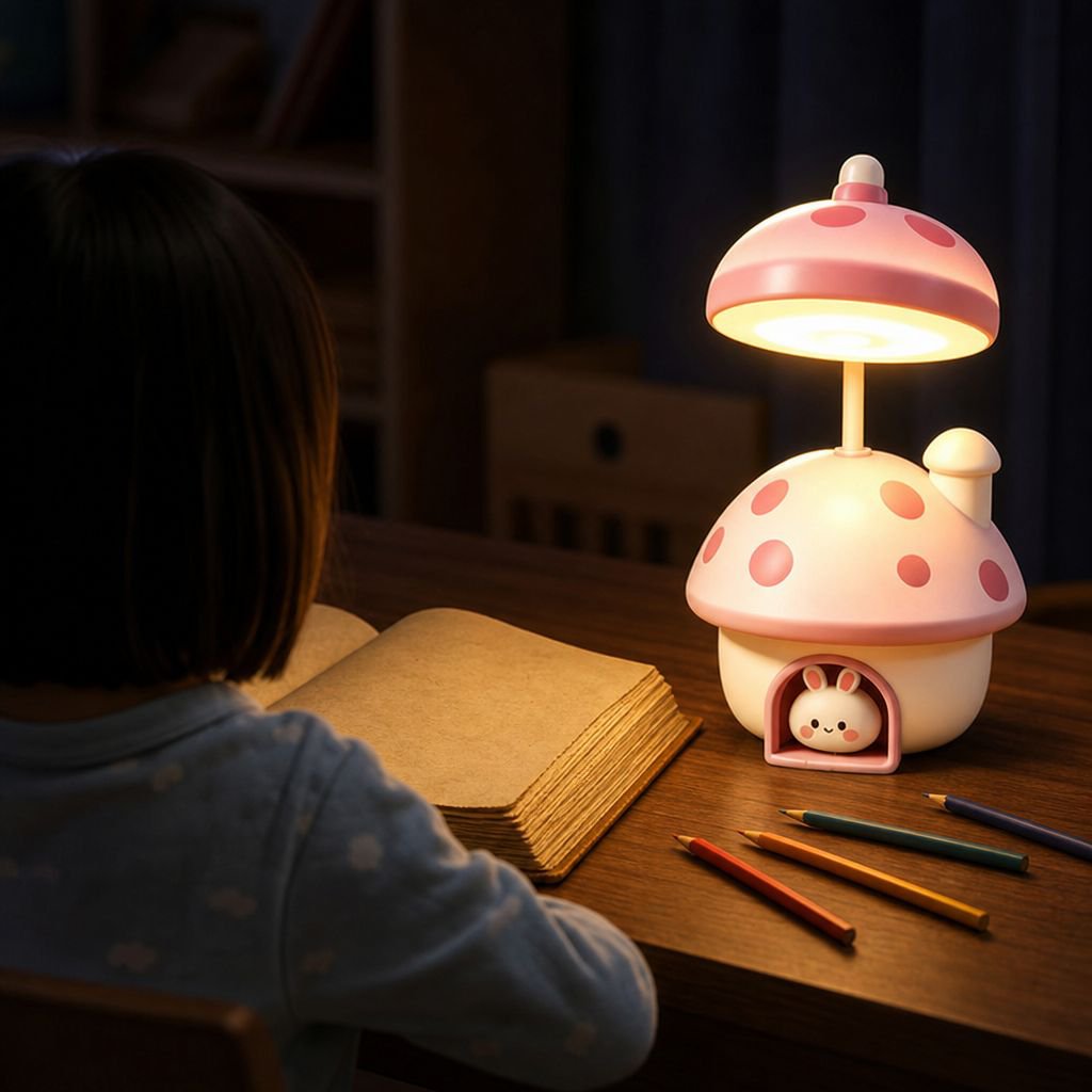 Lámpara de escritorio USB con forma de conejo y seta, adorable